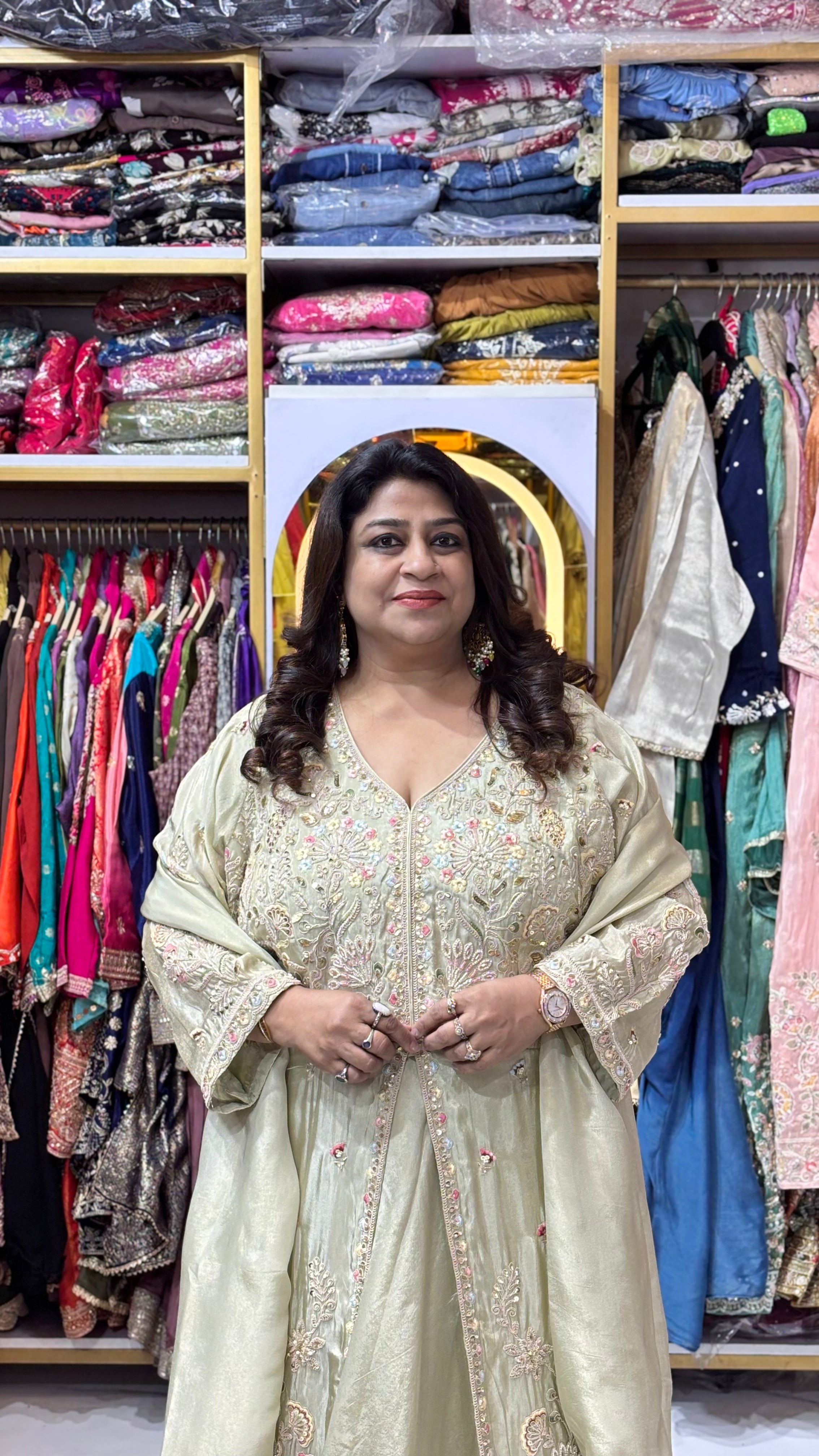 Shimmer Tissue Front-Slit Anarkali Set with Skirt &amp; Dupatta