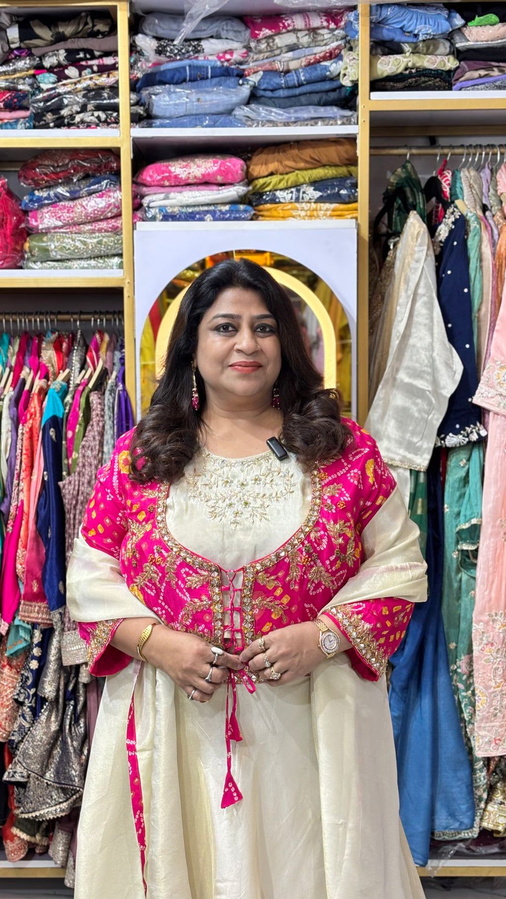 Shimmer Tissue Bandhani Jacket Skirt Set with Mirror & Gota Patti Work