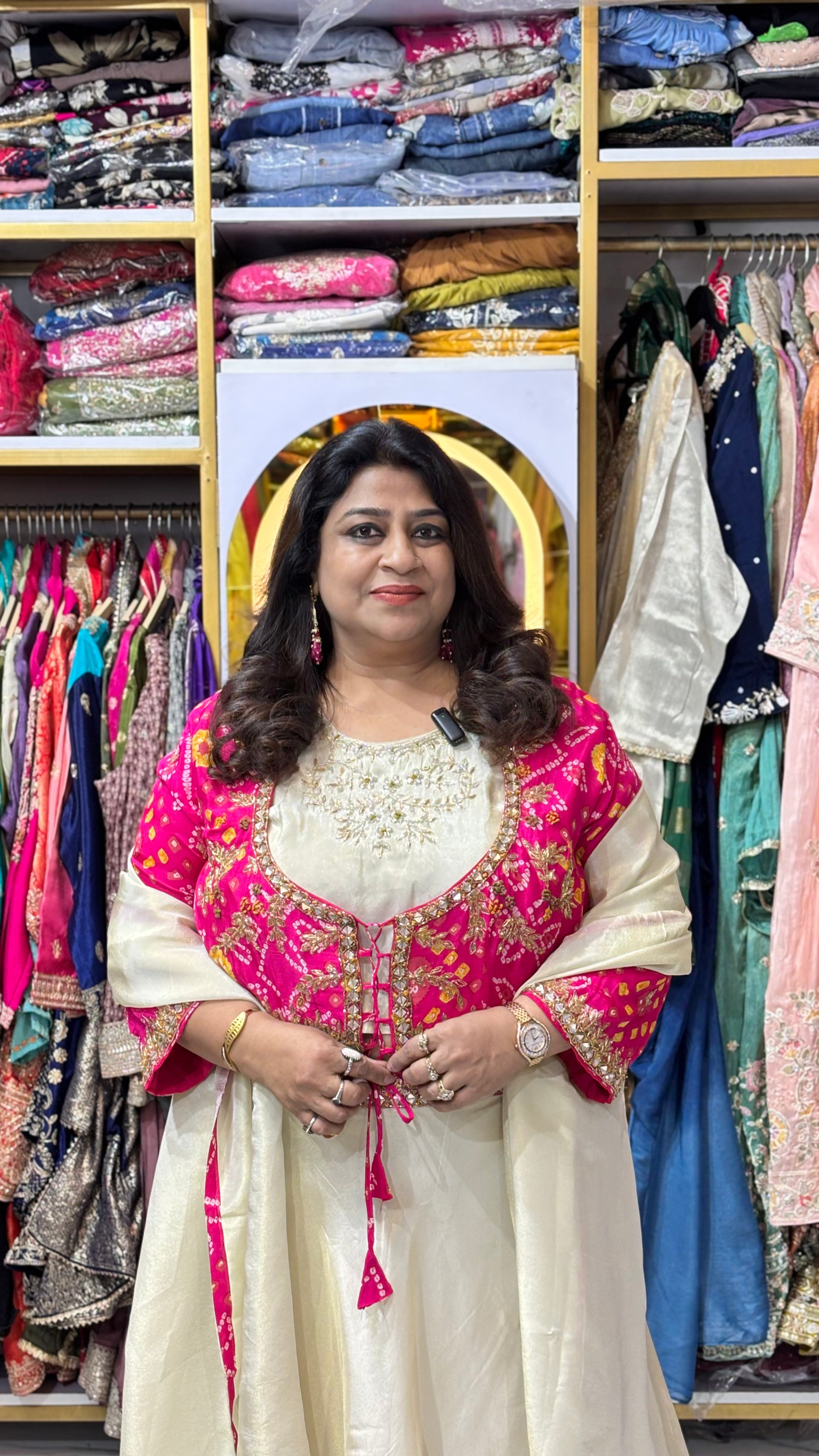 Shimmer Tissue Bandhani Jacket Skirt Set with Mirror & Gota Patti Work