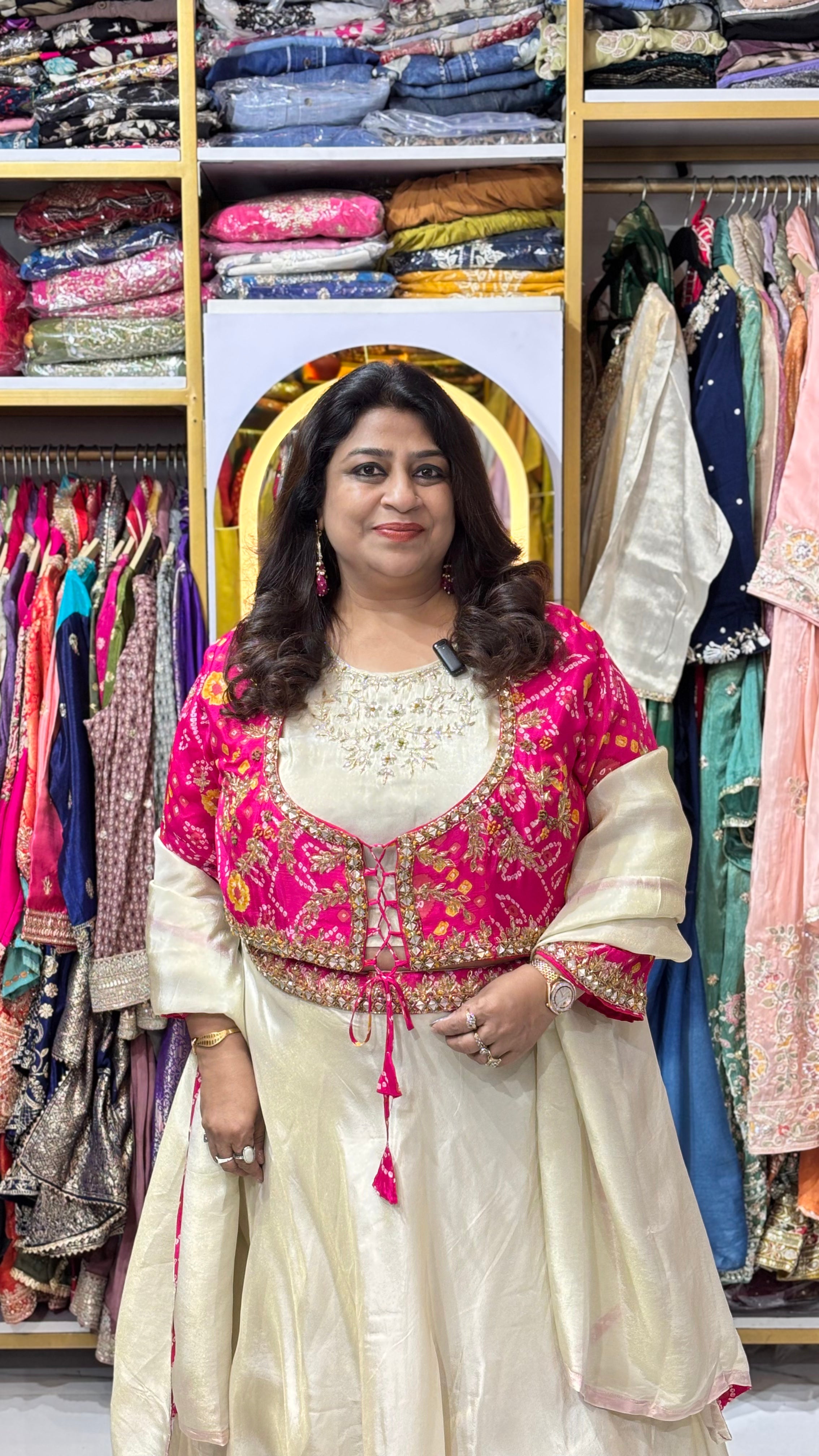 Shimmer Tissue Bandhani Jacket Skirt Set with Mirror & Gota Patti Work