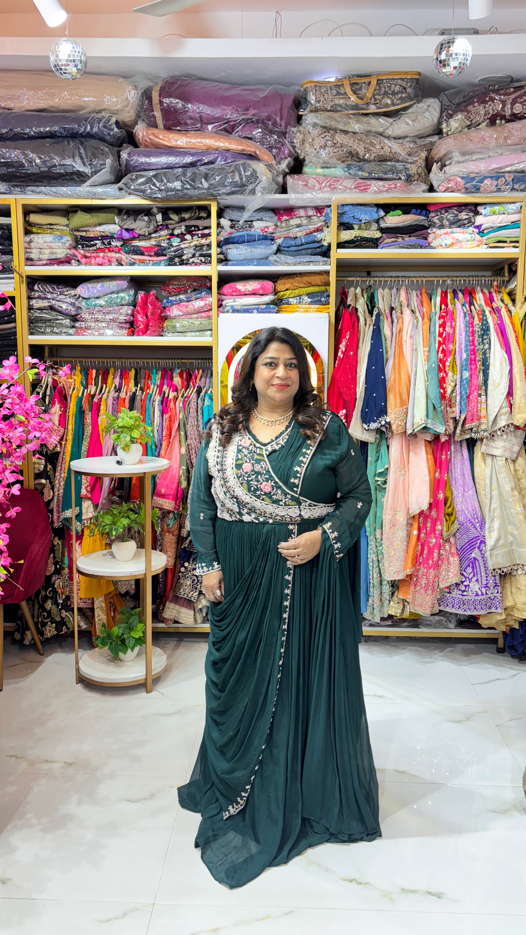 Pearl-Embellished Indo-Fusion Drape Gown