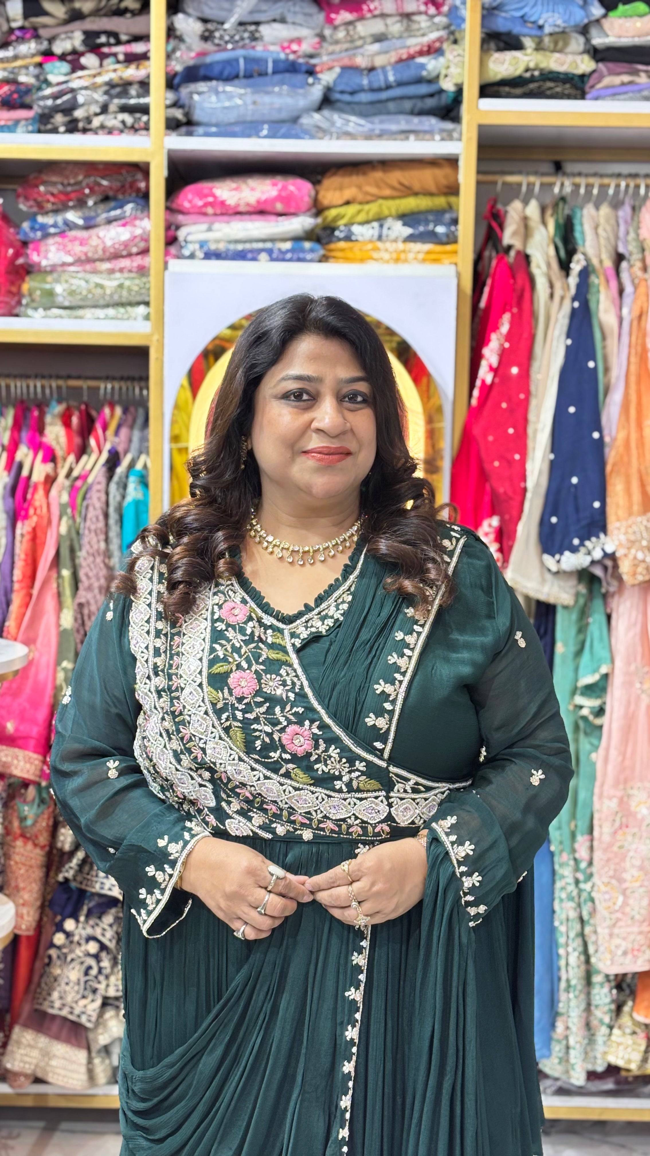 Pearl-Embellished Indo-Fusion Drape Gown