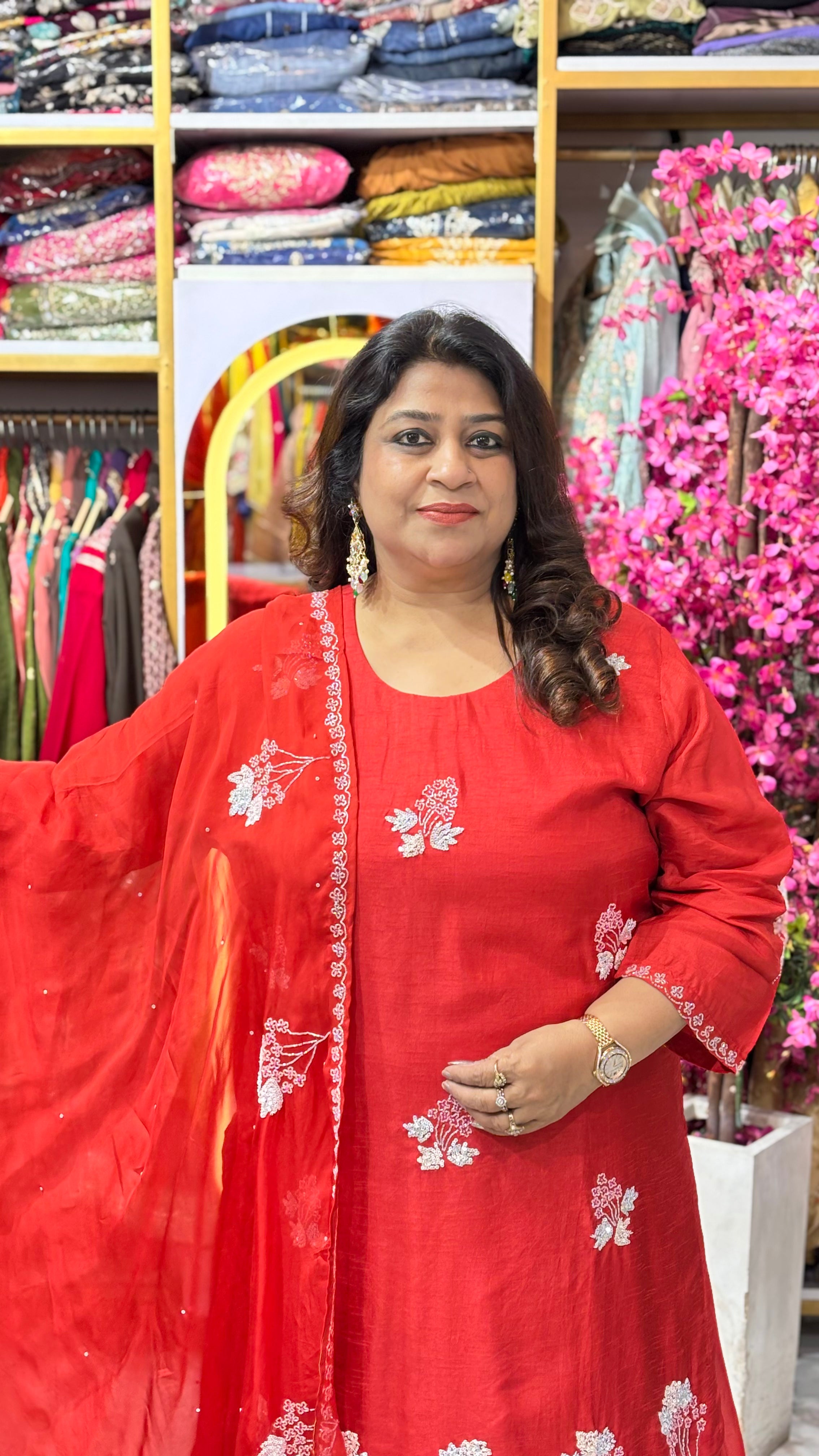 Floral Embellished Kurta Skirt Set with Dupatta