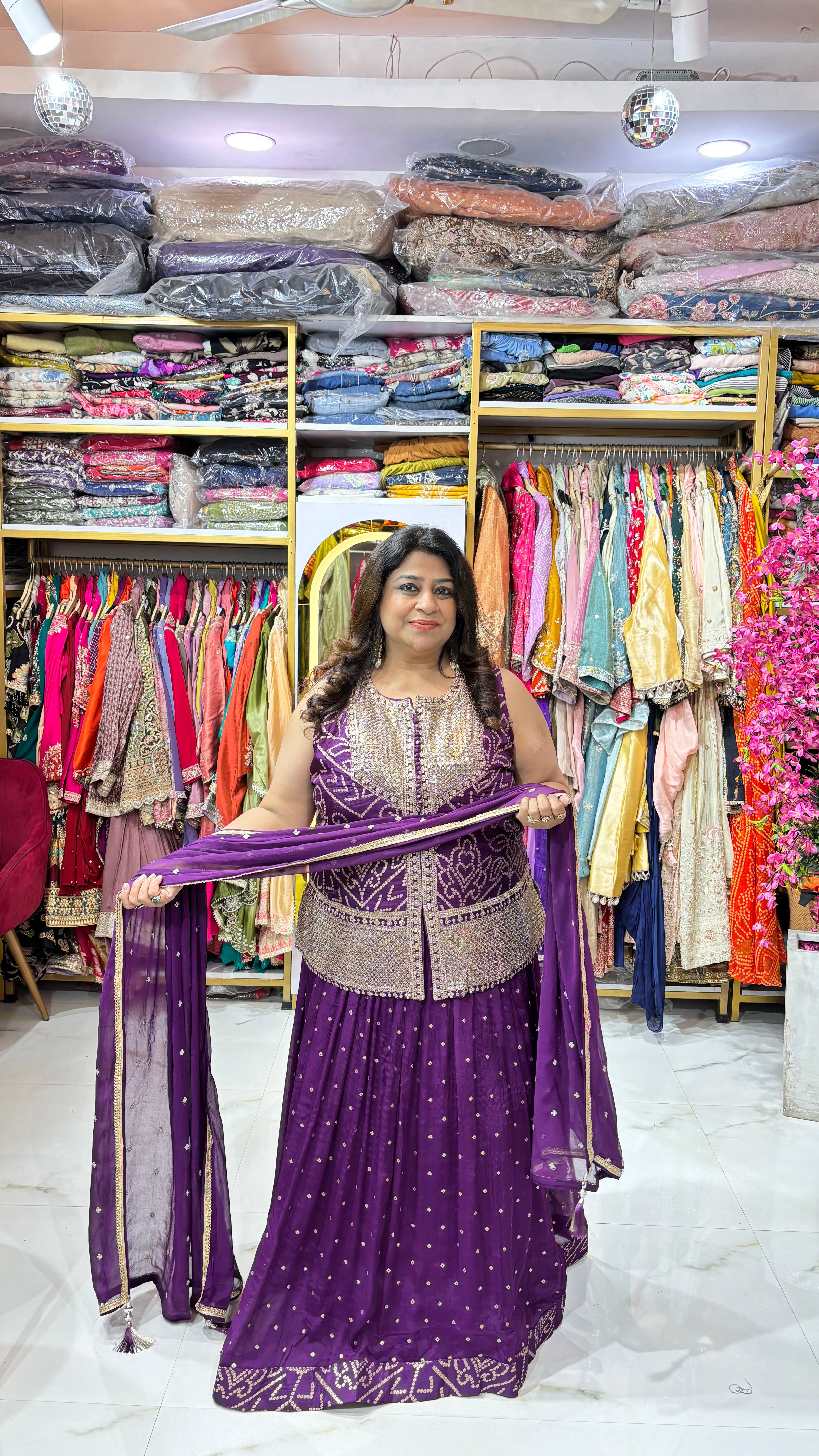 3 PC Pure Chinnon Lehenga Set With Embroidered Jacket Top & Duppata