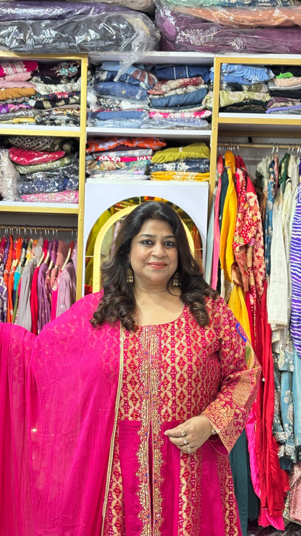 Front-Slit Kurta Set with Divider Pants & Peacock Motif Dupatta