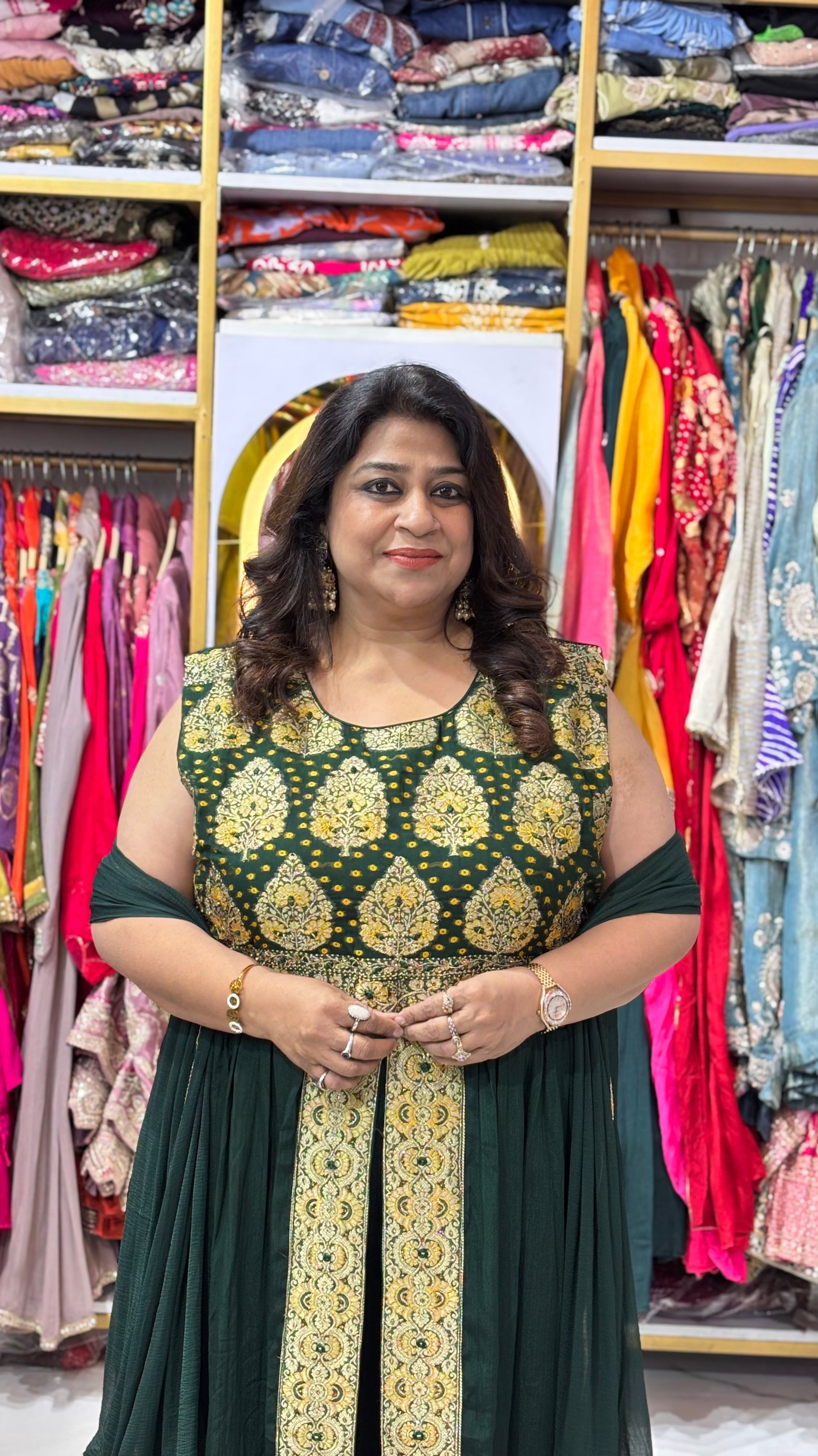Brocade Longline Front-Slit Tunic Set with Divider Pants & Dupatta