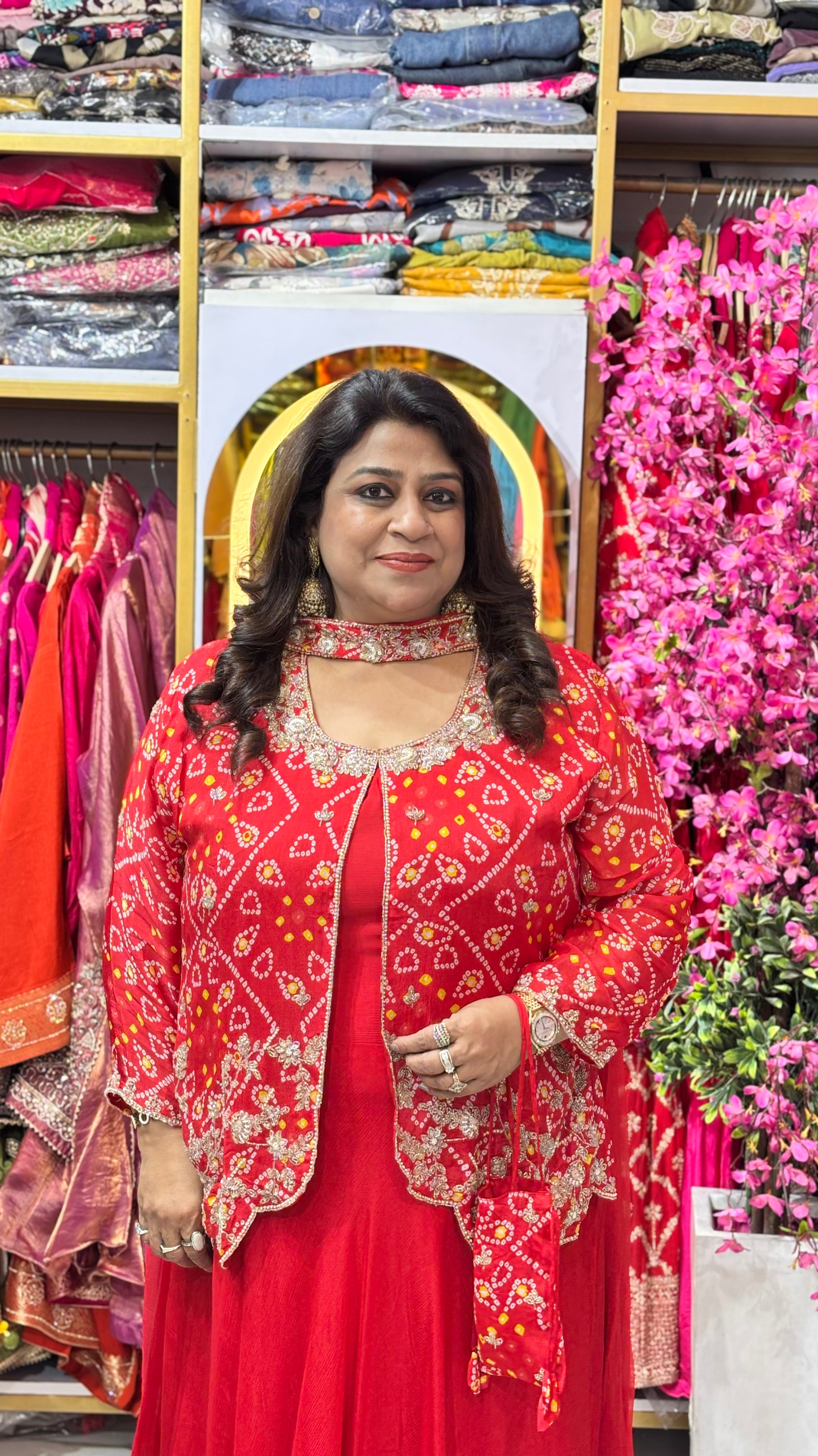 Heritage Bandhani Gown with Attached Jacket, Dupatta & Potli