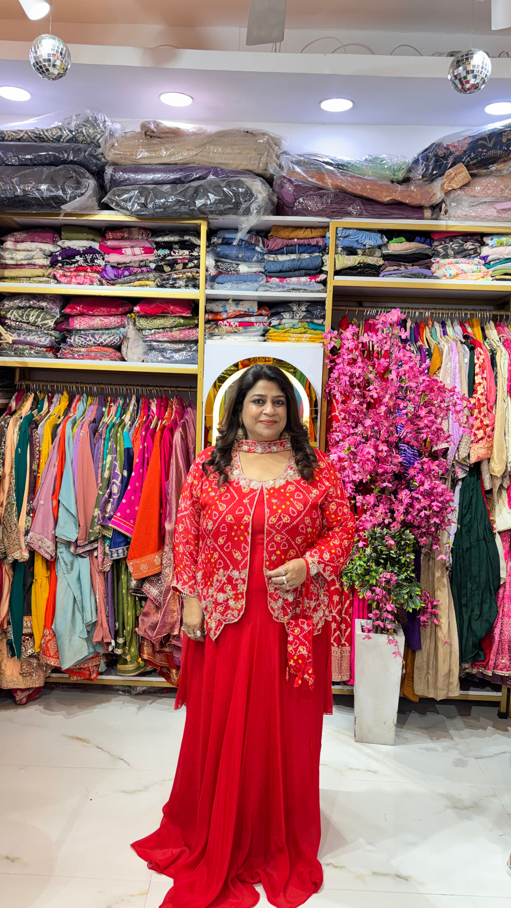 Heritage Bandhani Gown with Attached Jacket, Dupatta & Potli