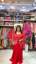 Heritage Bandhani Gown with Attached Jacket, Dupatta & Potli