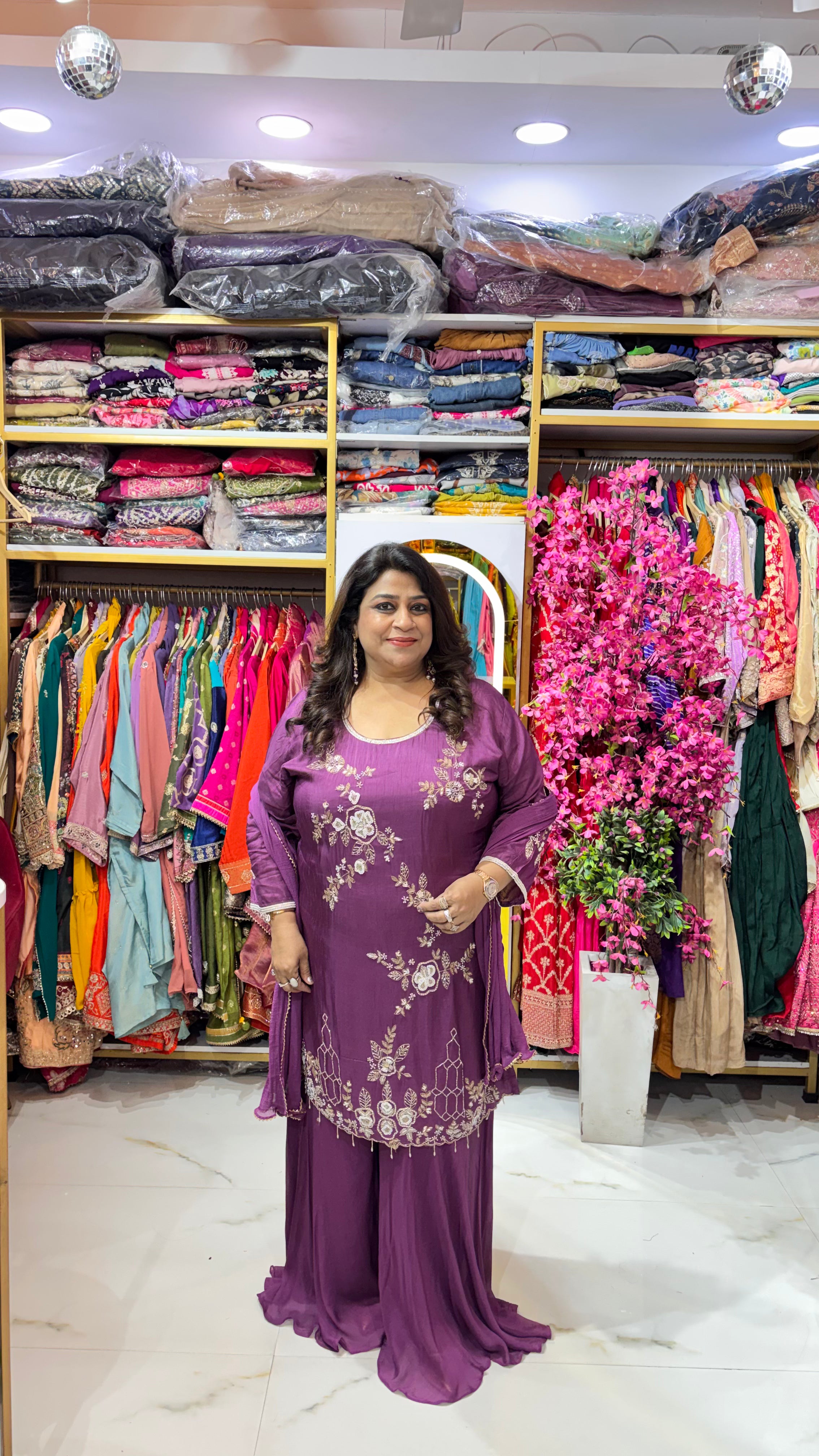 Floral Motif 3-Piece Suit Set with Flowy Pants & Dupatta