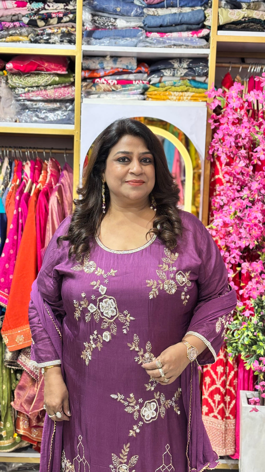 Floral Motif 3-Piece Suit Set with Flowy Pants & Dupatta