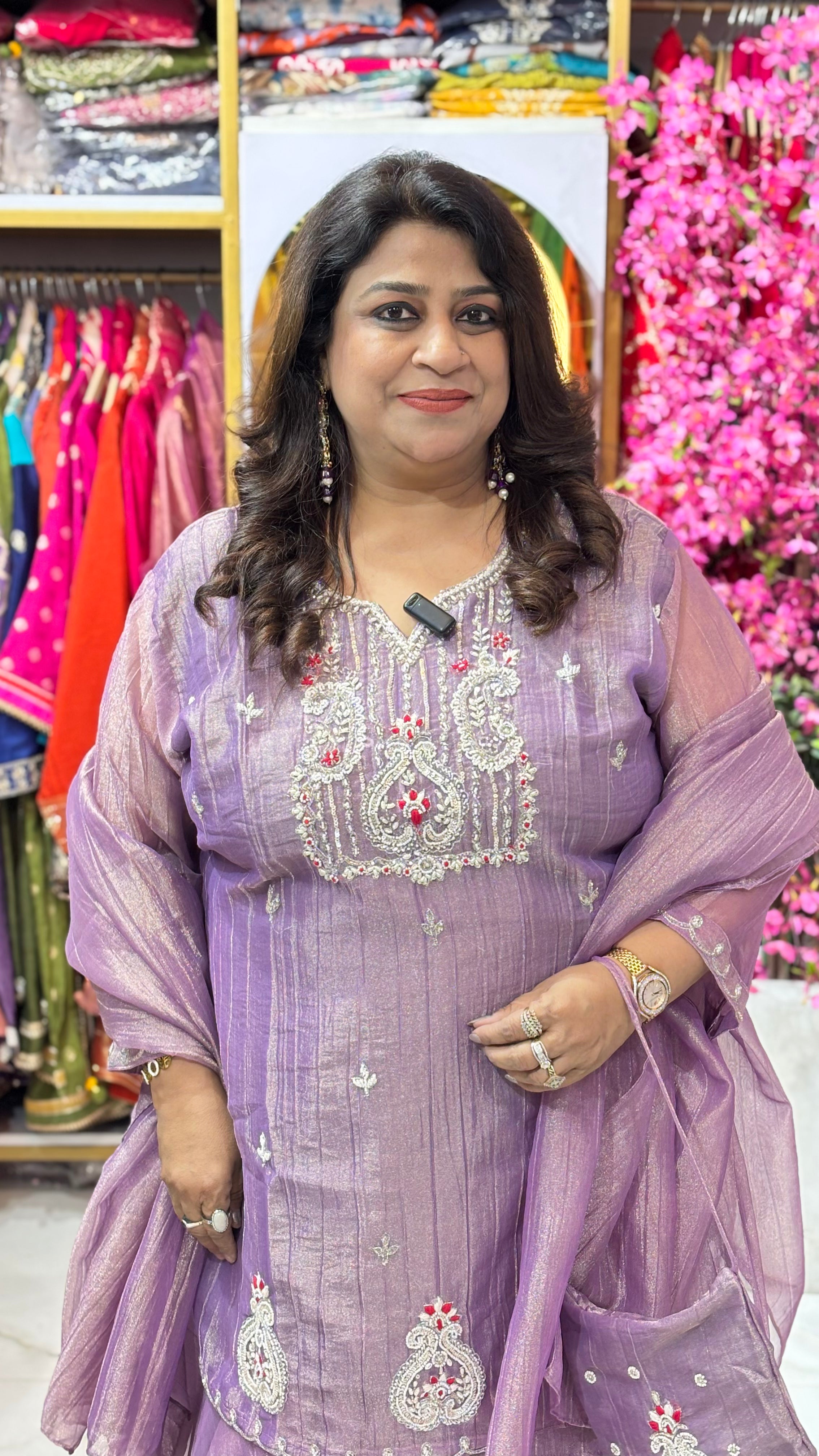 Shimmer Tissue 4-Piece Skirt Set with Beadwork Kurta & Potli