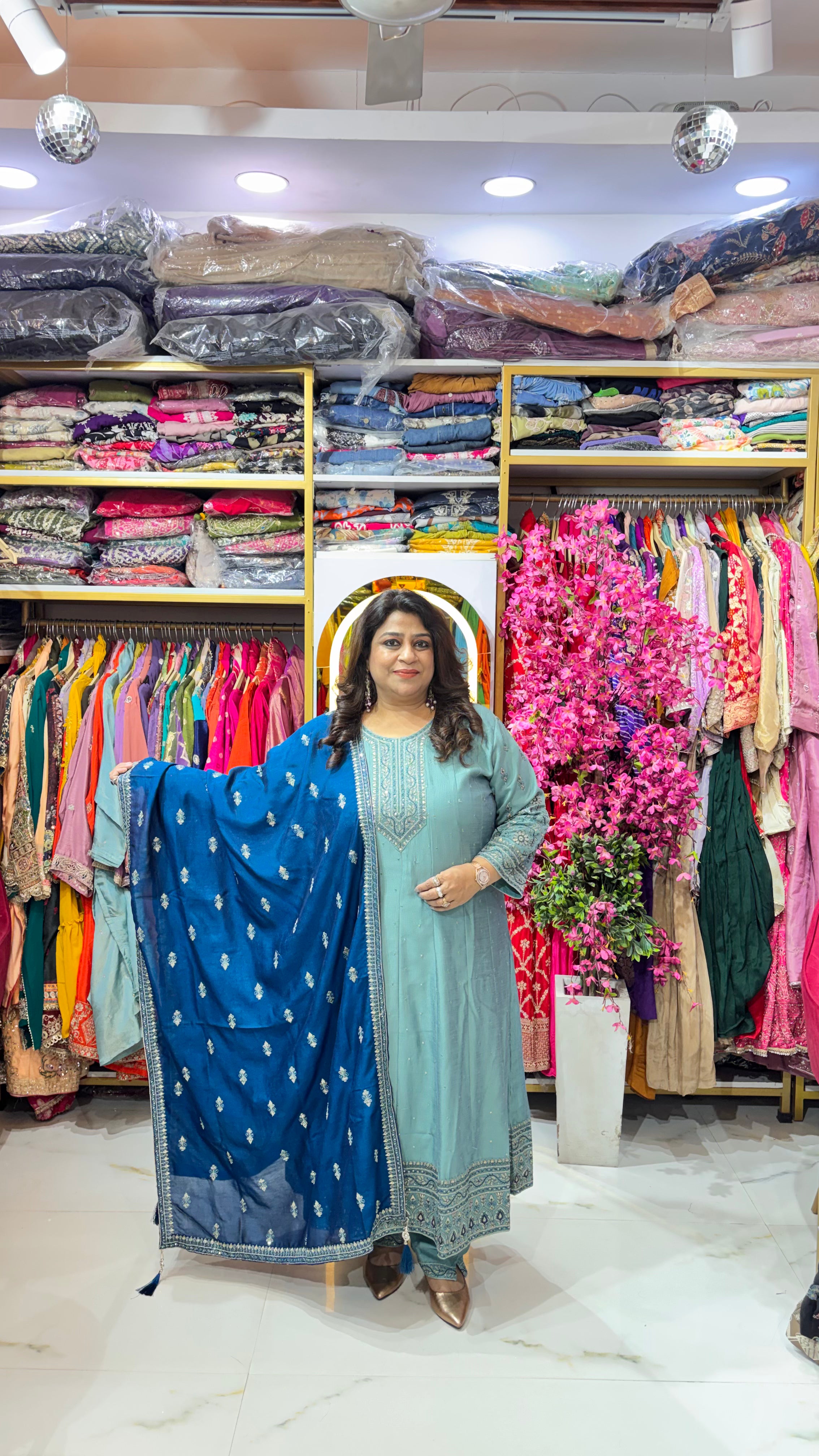 Anarkali Suit Set with Divider Pants & Motif Dupatta