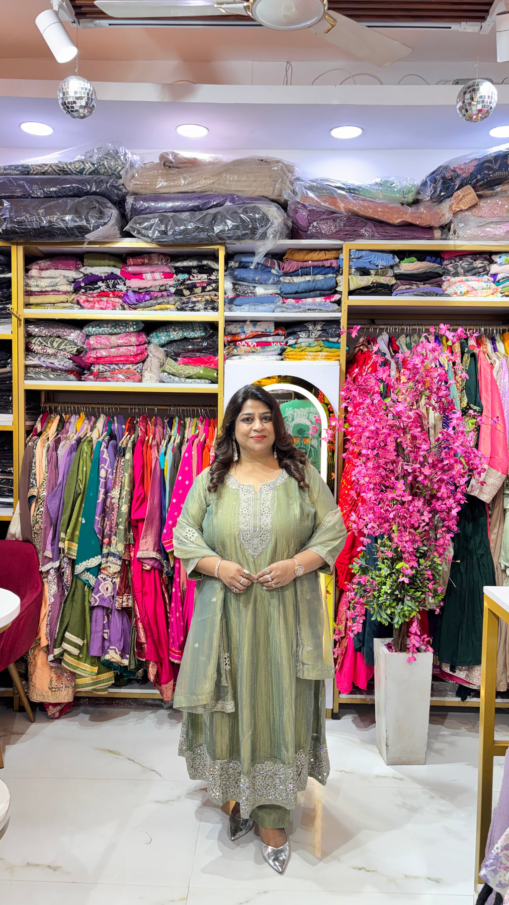 Shimmer Tissue A-Line Suit Set with Scalloped Hem & Dupatta