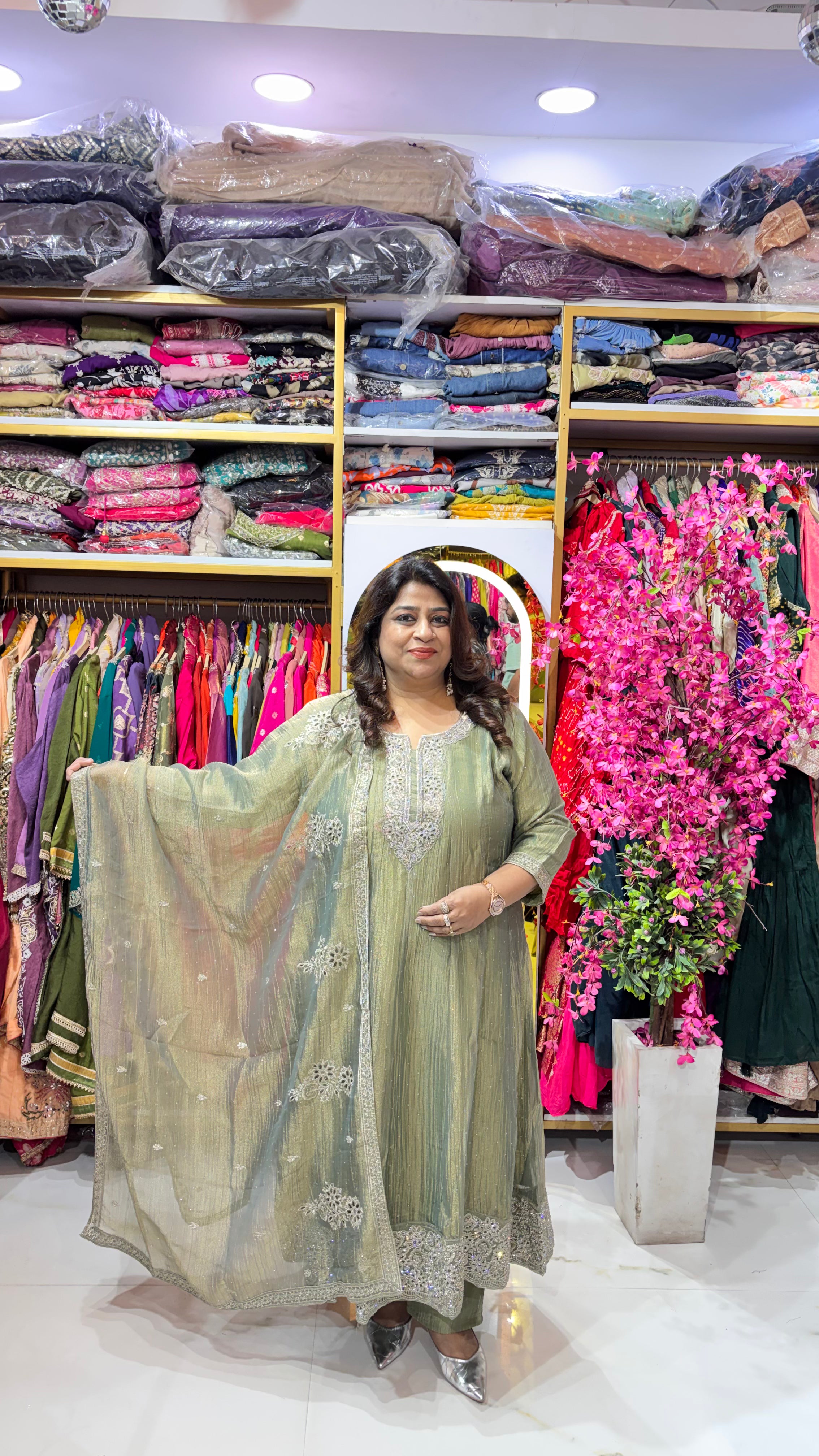 Shimmer Tissue A-Line Suit Set with Scalloped Hem & Dupatta
