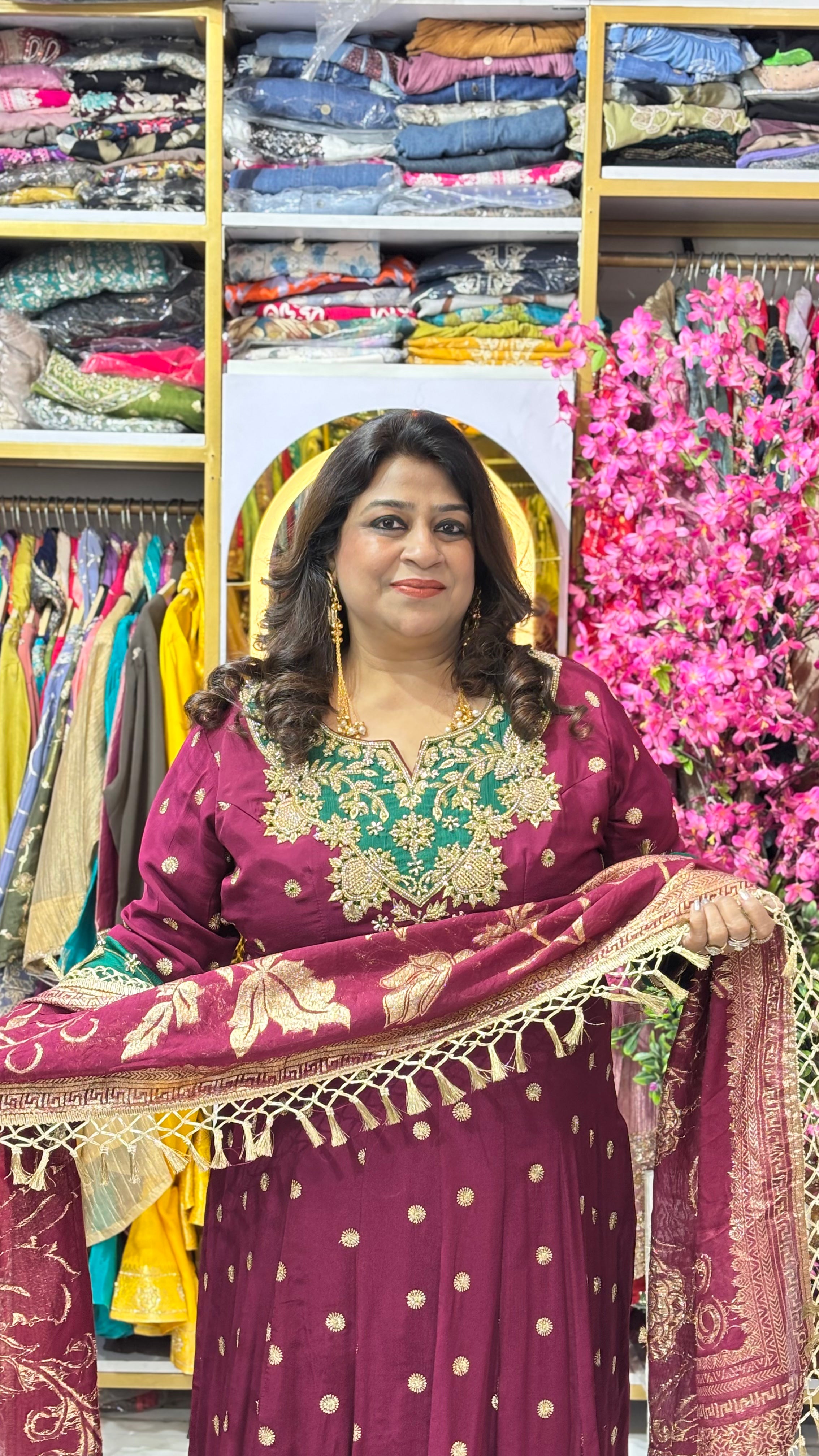 Pure Chinnon Long Anarkali Set with Jewel-Adorned Detailing & Statement Brocade Dupatta