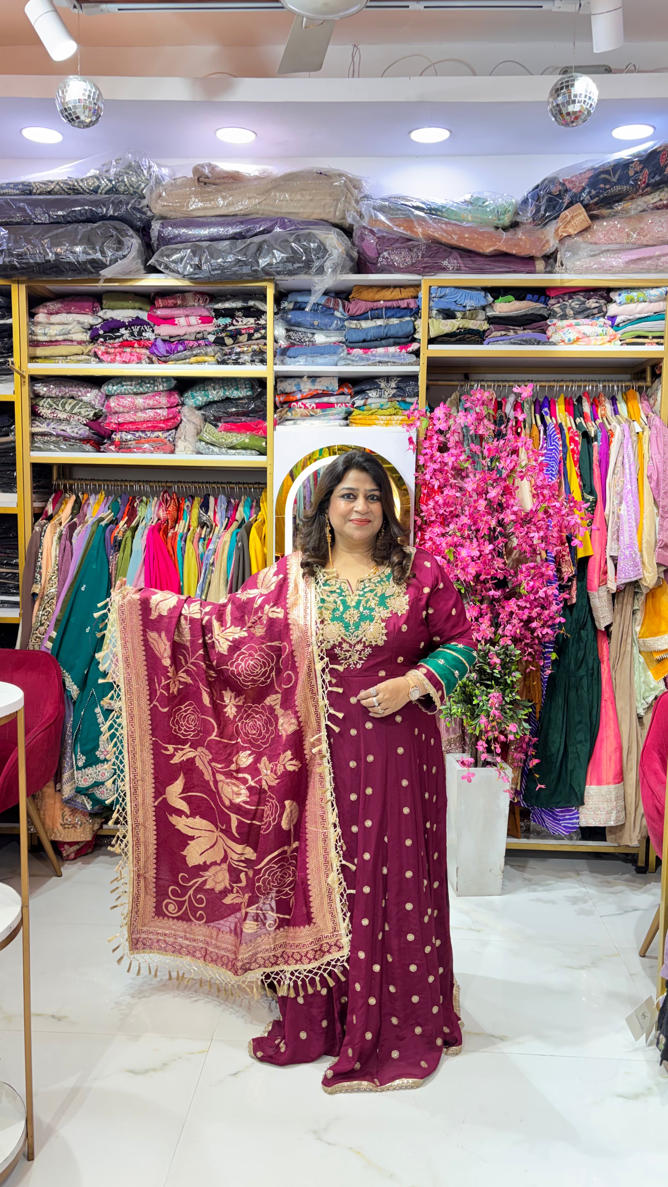 Pure Chinnon Long Anarkali Set with Jewel-Adorned Detailing & Statement Brocade Dupatta