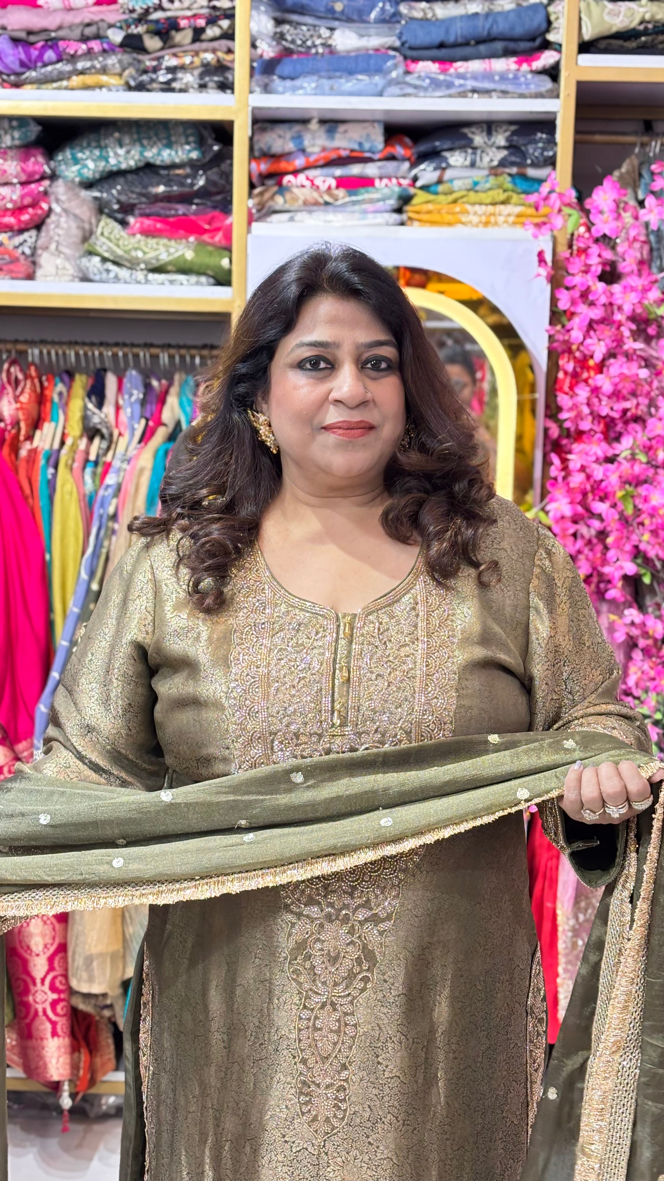 Pakistani-Inspired Brocade Tissue Suit Set with Statement Beadwork