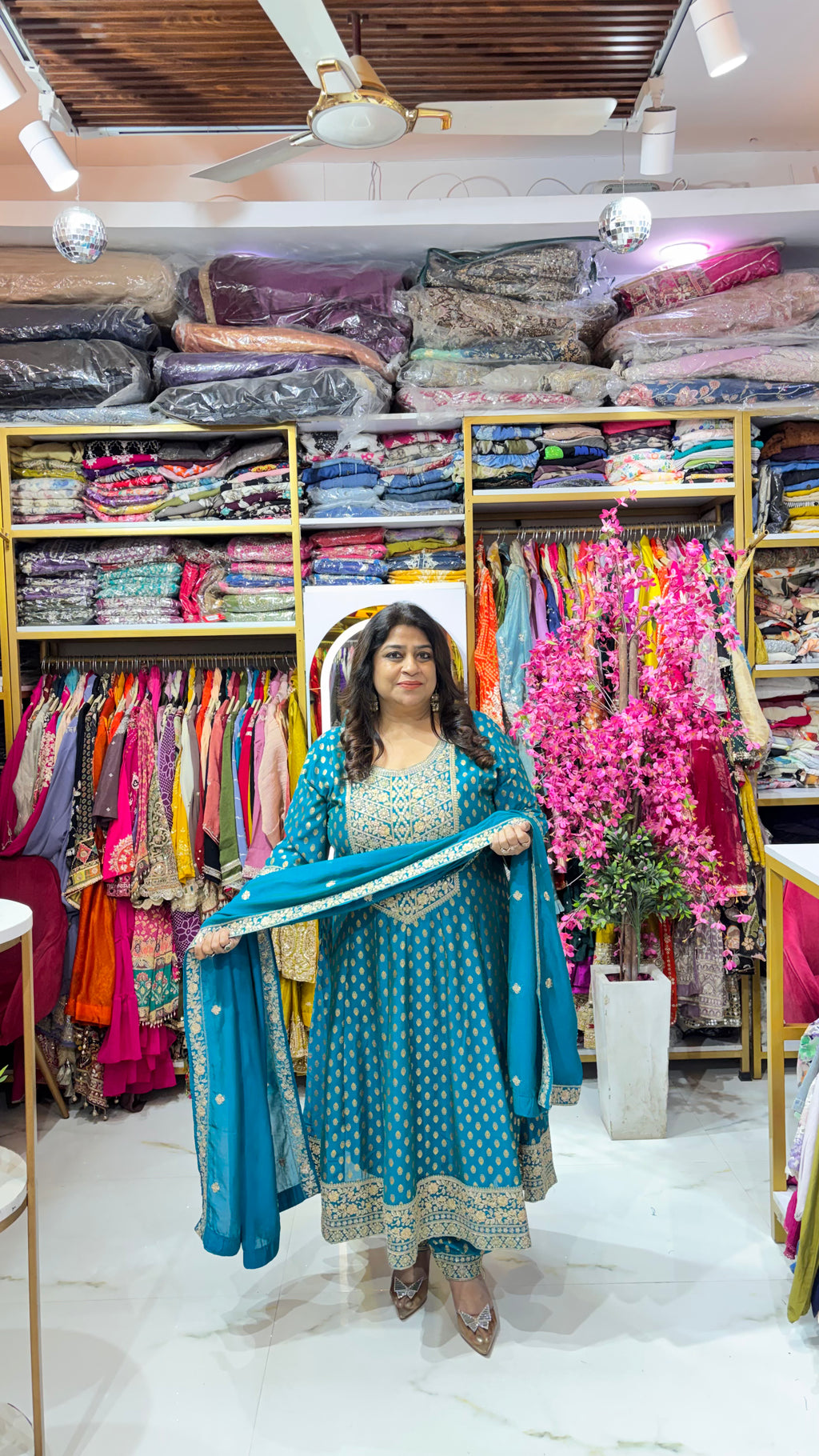 Muslin Cotton Anarkali Set with Gold Detailing & Dupatta